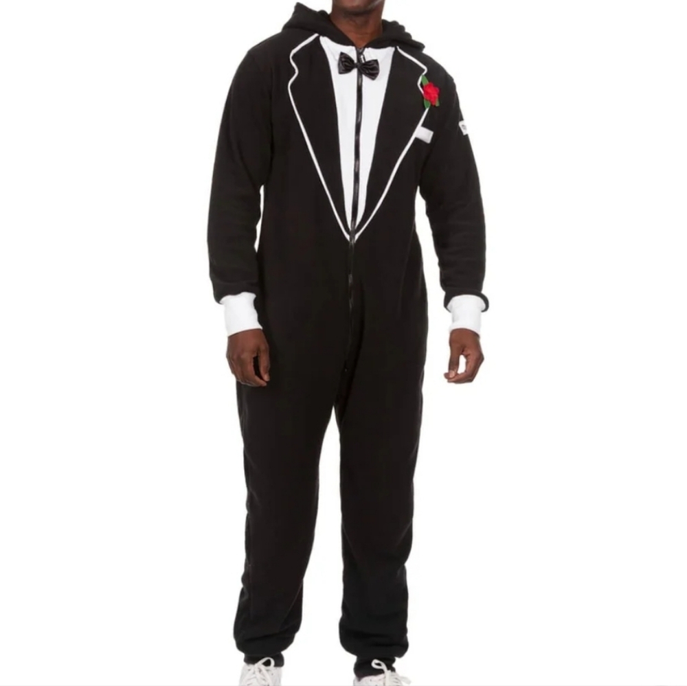 Tipsy Elves Black Tuxedo Jumpsuit with White Trim and Red Rose